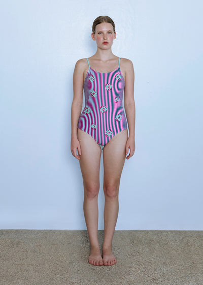 Flower Stripe One-Piece Swimsuit_Plum